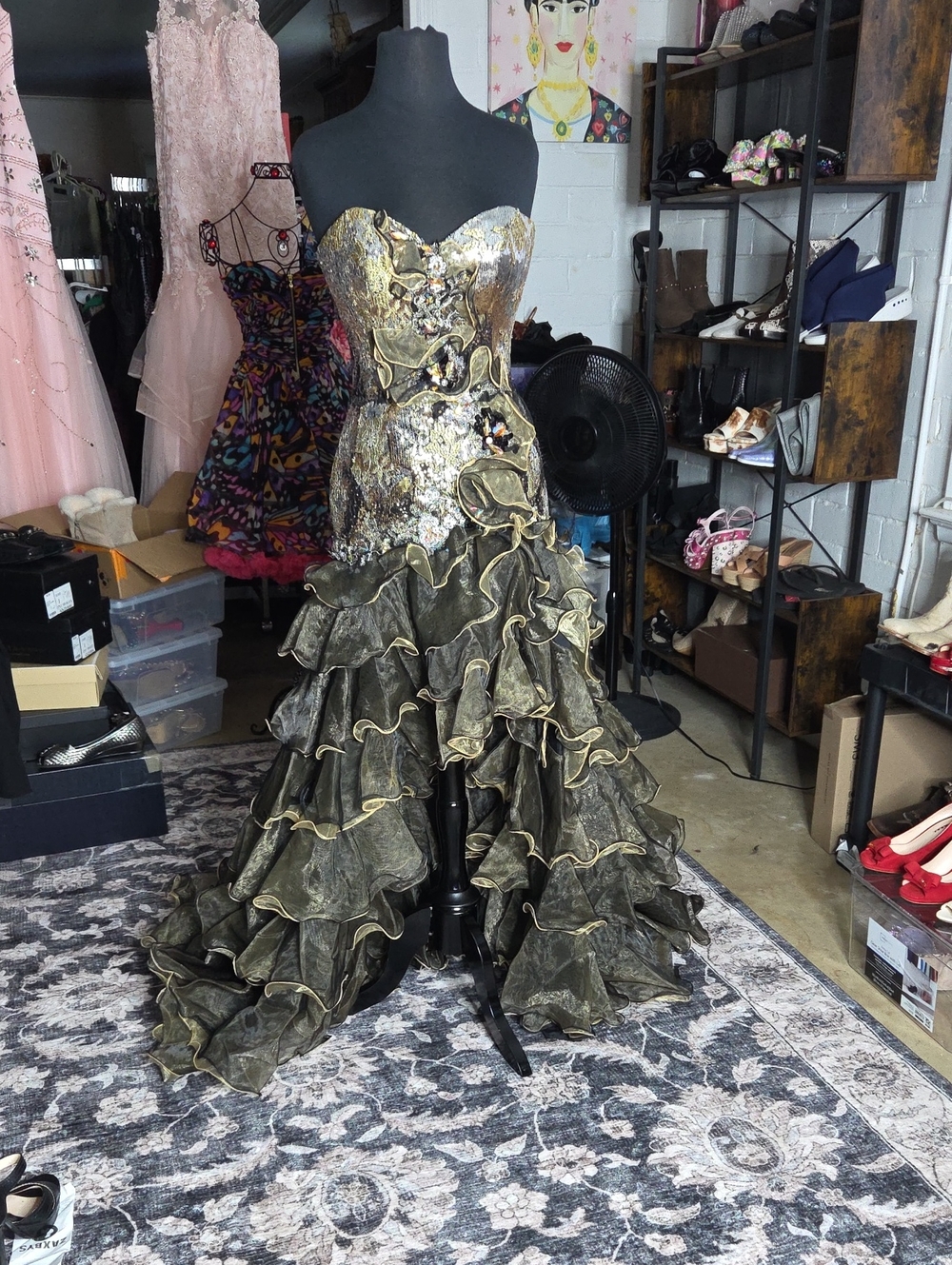 Strapless Metallic Olive Ruffled Ball Gown